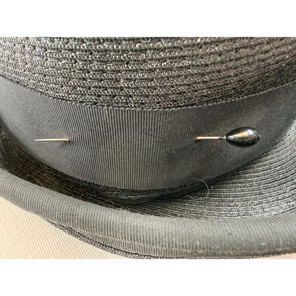 Vintage Union Made Black Tilt Cocktail Hat with Bow Original Hat Pin 8” Diameter main image 10